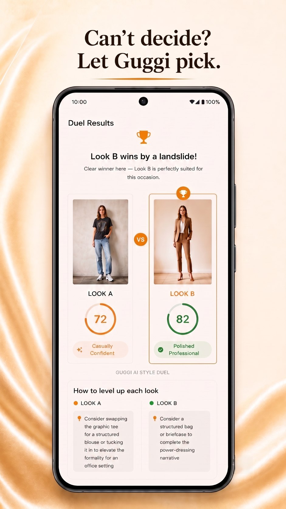 Guggi AI Style Duel — two looks scored side by side