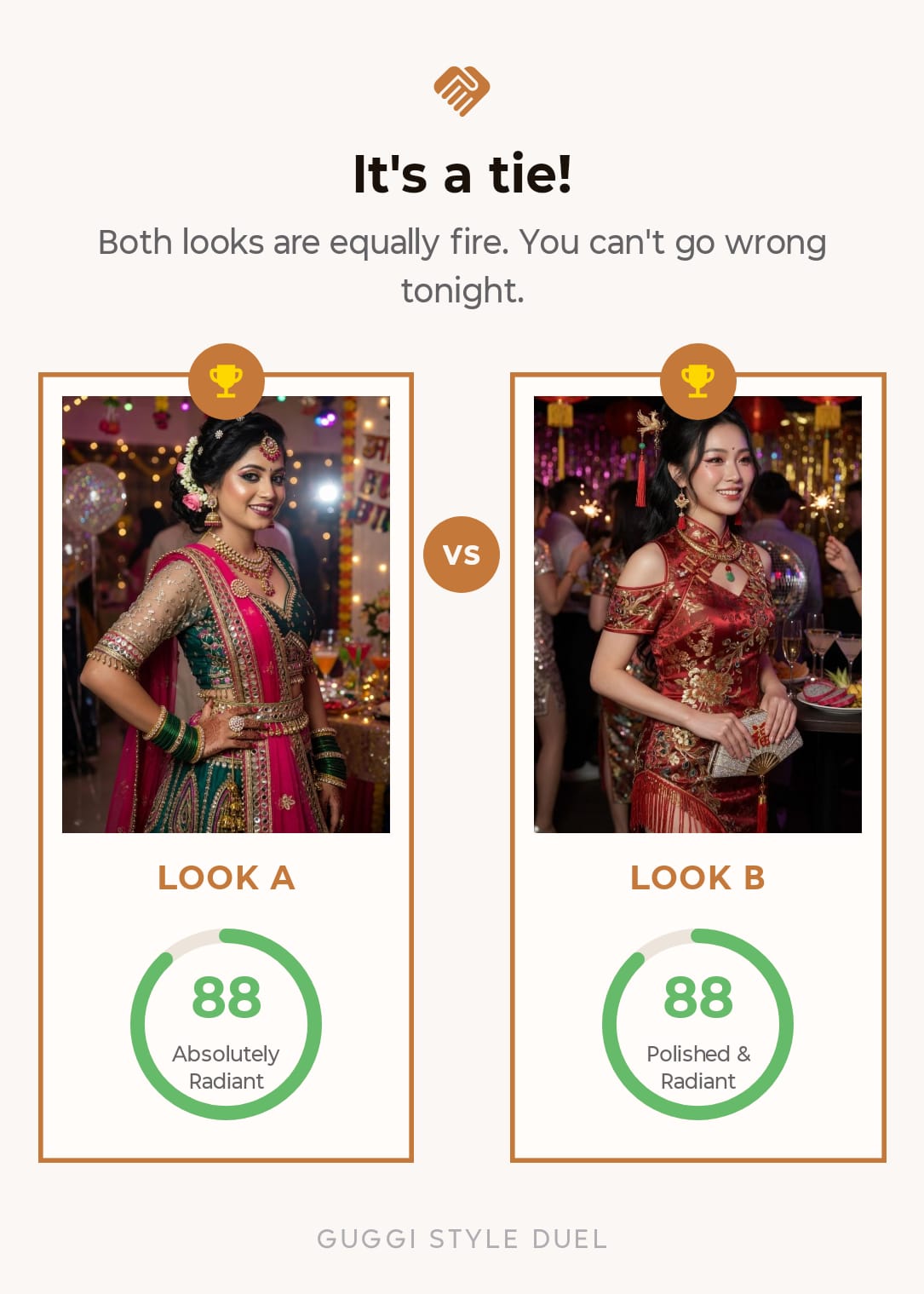Guggi AI Style Duel — two looks scored 88/100 each