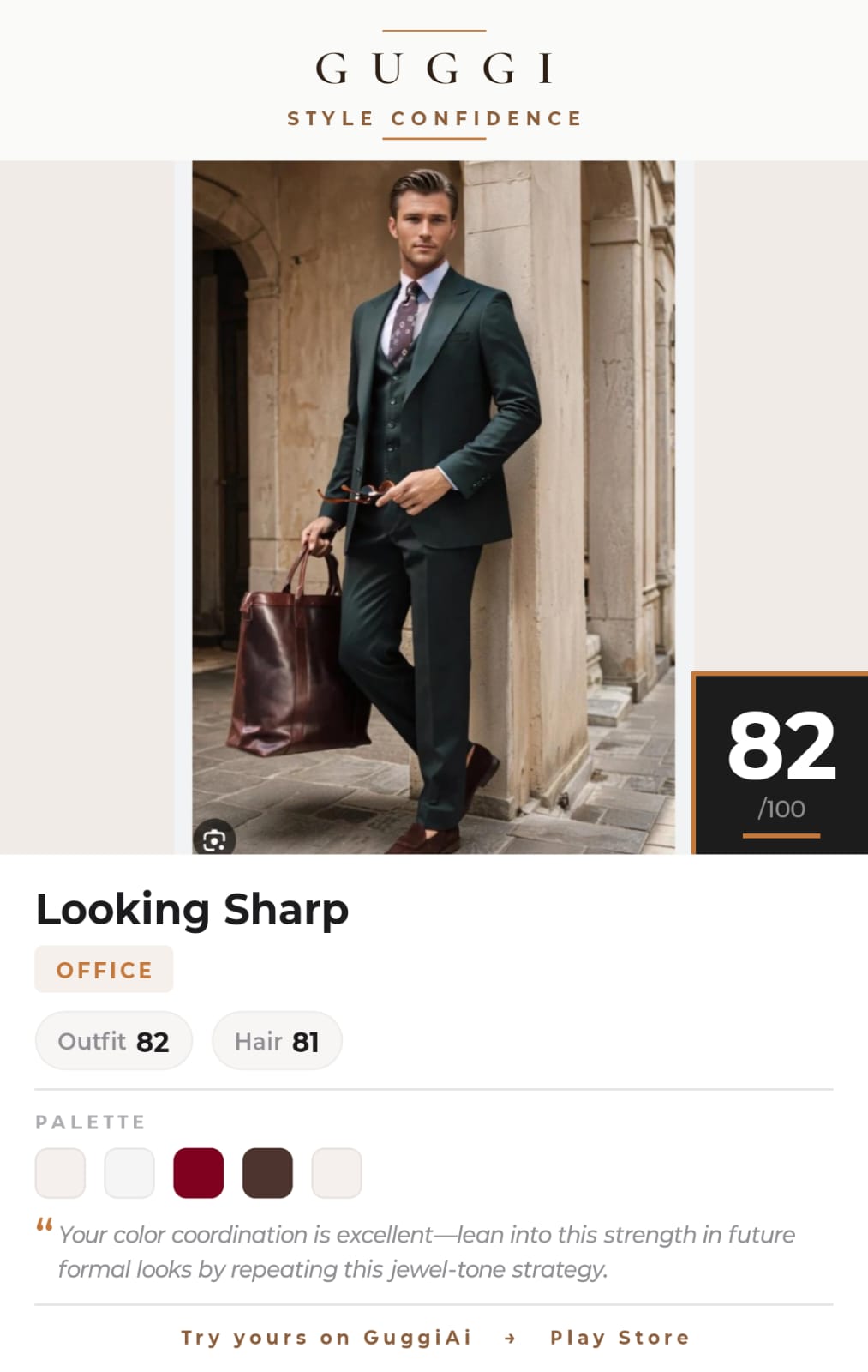 Office formal outfit style analysis — 82/100